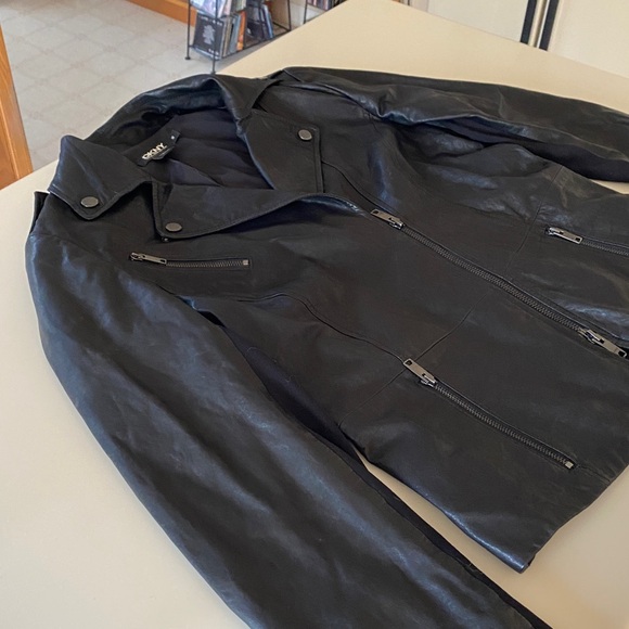 DKNY black leather jacket with nylon side panels. - Picture 11 of 13
